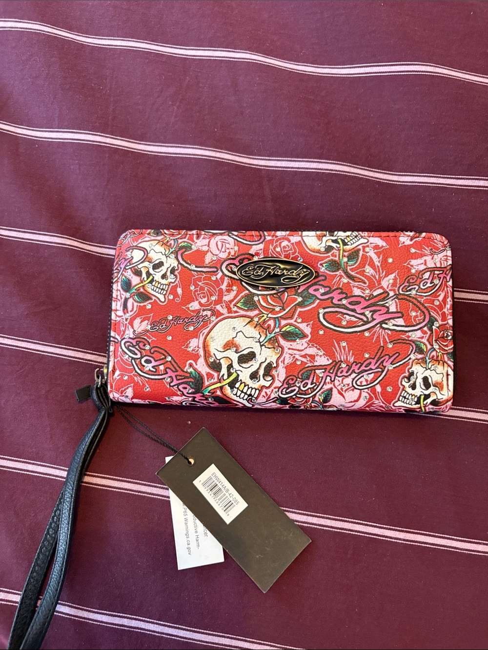 Ed Hardy Red Skull & Rose Zip Wallet with Wrist Strap